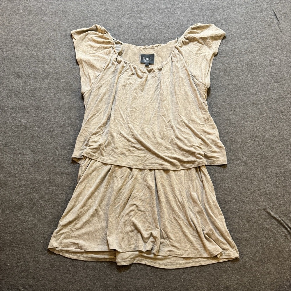 Milk NWOT Women's Maternity Nursing Tunic Top Tan Beige Sand Flutter Sleeve Sz L